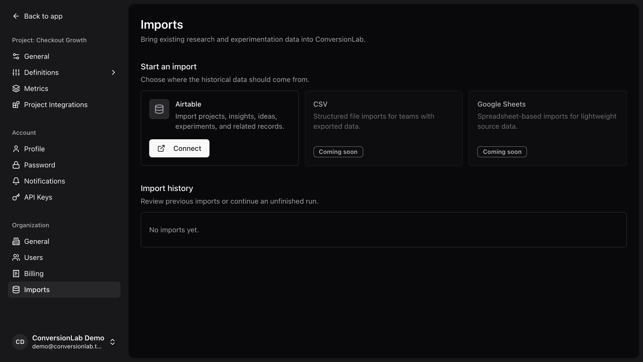 ConversionLab import screen with Airtable, CSV, and Google Sheets options